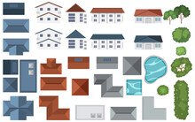 Set Of Aerial View Houses And Decor Element