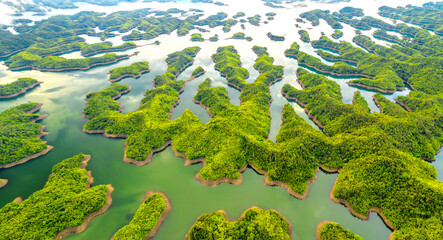 Landscape Ta Dung lake seen from above in the morning with small islands many green trees in succession to create a magnificent beauty. This is the largest hydroelectric lake in Dak Nong, Vietnam