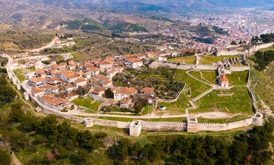 Wall Mural - Aerial photo of Albanian city Berat with view of castle walls and Church of the Holy Trinity.