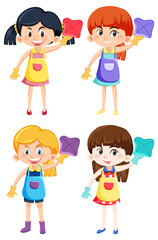 Wall Mural - Set of different four girls in housekeeping outfits