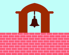 Bell Tower On The Top Of Old Brick Wall Vector.