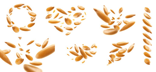 Wall Mural - A set of photos. Flax seeds are levitated on a white background