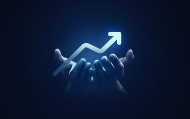 Wall Mural - Hand growth improvement arrow up success business profit background of goal forward achievement graph diagram icon or increase financial direction stock chart sign and motivation development strategy.