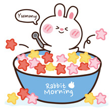 Cute Rabbit Holding Spoon In Milk With Star Cornflakes Cereals Background.Breakfast.Morning.Yummy.Animal Character Design.Kawaii Style.Bunny Doodle.Kid Graphic.Hand Drawn.Vector.Illustration.