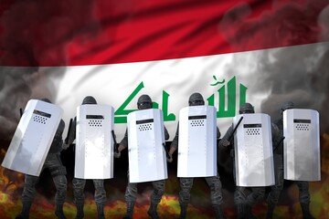 Iraq police guards protecting order against mutiny - protest stopping concept, military 3D Illustration on flag background