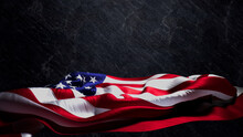 Premium Banner For Memorial Day With American Flag, Black Slate Background And Copy-Space.
