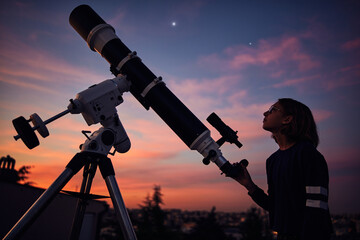 Canvas Print - girl with astronomical telescope stargazing under twilight sky.