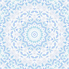 Seamless Kaleidoscopic Ornament. Circular Pattern. Light Blue And White Ornament, Mandala.