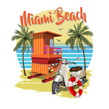 Miami Beach Poster With  Vintage Scooter And Rescue Tower.