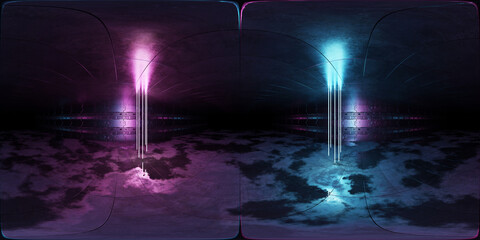 Leinwandbilder - Futuristic neon lights interior Hdri. 360 panoramic view of a cyber garage room hangar with sci fi glowing blue tubes. Vr projection of dark tunnel warehouse with wet cement floor 3d Rendering