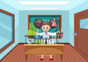Wall Mural - classroom scene with scientist doing experiment