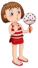 Poster - Cute girl in red outfit holding hand fan