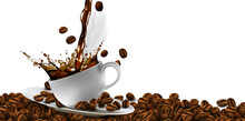 Cup Of Coffee, Coffee Beans And Splash Effect,  High Detailed Realistic Illustration.