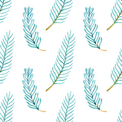  Green watercolor fir twigs isolated on a white background. Hand drawn seamless pattern. Evergreen Christmas tree leaves