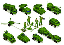 Artillery, Rocket Artillery, Howitzer, ATGM, Mortar With Crew, Heavy Track With Tank. Combat Vehicles Collection Set Isometric Icons On Isolated Background
