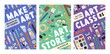 © Good Studio - Pomo flyers set for art store, shop, painting class. Ad poster designs for creative courses. Advertising banner templates with paints, brushes, pencils, artists stationery. Flat vector illustrations