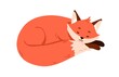 Cute fox pup sleeping, relaxing. Wild animal asleep, curled up in fetal position. Sweet sleepy cub lying and dreaming. Lovely forest character. Flat vector illustration isolated on white background