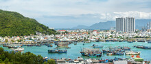 Panoramic View Of Tourist City Of Nha Trang Off Coastline With Fishing Boats. Khanh Hoa Province, Viet Nam.