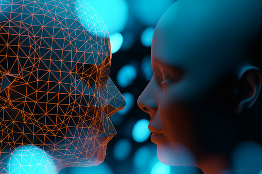 Human head and wireframe AI entity face to face in cyberspace. Artificial intelligence or gaming background. 3D rendering.