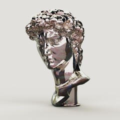 Wall Mural - David sculpture bust, Head of statue, Silver Chrome Plated Escultura David Bust Heykel Buste David Sculpture Bust. 3d rendering contemporary 