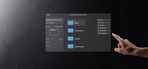 Document management concept. Virtual screen icons Document Management System DMS Online document database, software for efficient archiving, searching and management of company files and data.