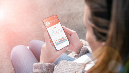 Pregnancy app. Mobile pregnancy online maternity application. Pregnant mother using phone. Pregnancy, medicine, pharmaceutics, health care and people concept.