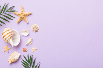 Wall Mural - summer time concept flat lay composition with beautiful starfish and sea shells on colored table, to