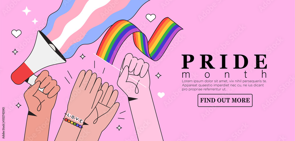 Human hands hold megaphone with transgender and lgbt rainbow flags ...