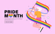 © Katsyarina - Cheerful character with rainbow lgbtq and transgender flag celebrate pride month or day vector flat illustration. LGBTQ support social media banner or post template, greeting card on pink background.