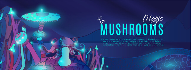 A banner of fancy decorative glowing magic mushrooms of various shapes on a dark background. Beautiful magical landscape, hand-drawn concept. Vector illustration