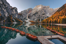 A quiet morning at Lago di Braies in the Italian Dolomites. The autumn mood of the photo creates a great atmosphere.