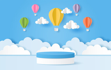Wall Mural - Paper cut of summer banner with blue and white color cylinder podium for products display presentation. Landscape of hot air balloons and clouds on blue sky background. Vector illustration