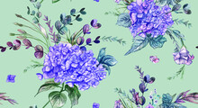 Summer Watercolor Seamless Pattern With Bright Hydrangeas On A Delicate Green Background. Botanical Motif For Textile And Surface Design