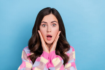 Sticker - Photo of young impressed girl hands touch cheeks stupor open mouth fake rumor isolated over blue color background