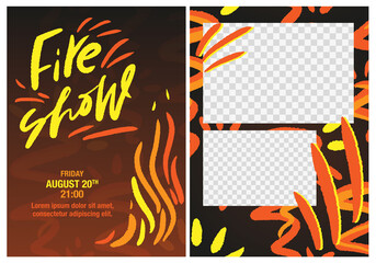 Midsummer fire show double sided flyer template with two photo frame masks, bonfire, flame clipart and modern calligraphy text on the dark background. 