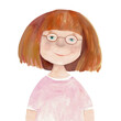 Girl with glasses. Watercolor illustration, hand drawn