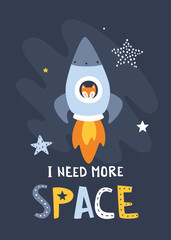 Wall Mural - space poster with little fox flying on the rocket. cute cosmic print with spaceship and lettering.