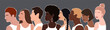 © unona art - group of diverse people from different ethnic backgrounds are standing together wearing white T-shirts. all people are equal. flat illustration.