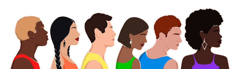 Wall Mural - people from different ethnic groups in rainbow-colored clothes. LGBT community. Human rights. LGBTQ. Flat illustration, pride month.