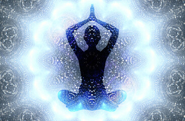 Wall Mural - Silhouette of a girl in Lotus position on the background of the fractal universe. A state of trance and deep meditation. A spiritual journey in the universe.