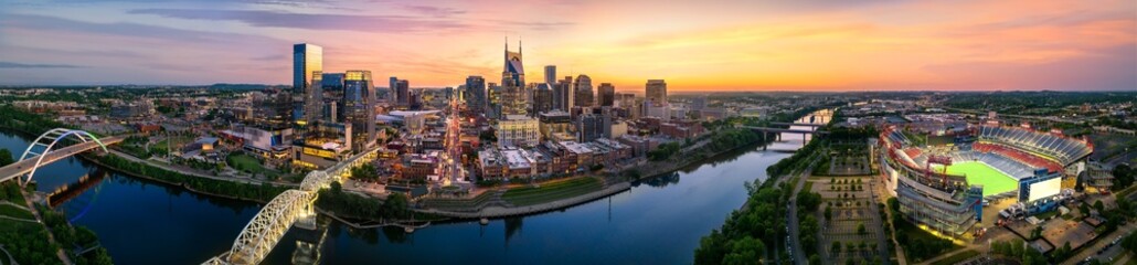 Wall Mural - nashville skyline with braodway and sunset