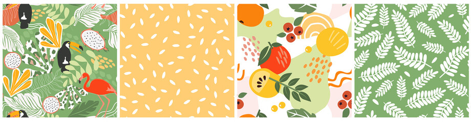 The set is a seamless pattern with a tropical exotic ornament with palm and monstera leaves, fruit, berries, toucan birds, flamingos. Summer abstract print. Vector graphics.