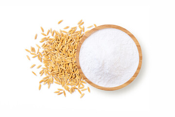 Wall Mural - White rice flour in wooden bowl and paddy ear rice isolated on white background. Top view. Flat lay.