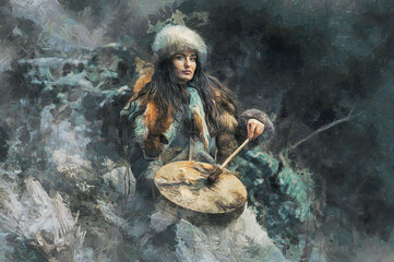 Fototapete - beautiful shamanic girl playing on shaman frame drum in the nature. Painting effect.