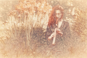 Poster - beautiful shamanic girl playing on indian flute in the nature and drawing efect.