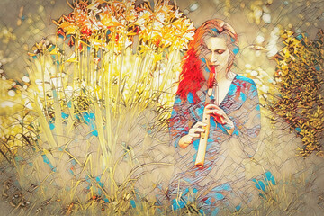 Fototapete - beautiful shamanic girl playing on indian flute in the nature. Painting effect.