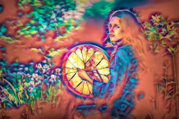 Poster - beautiful shamanic girl playing on shaman frame drum in the nature. Painting effect.