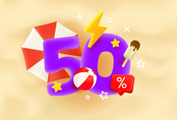 Poster - Fifty percent summer discount concept. 3d style vector illustration