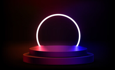 Fototapete - Composition with vivid neon arc and podium. 3d vector illustration