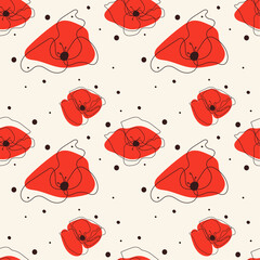 Vector seamless pattern. Stylish floral background with hand drawn red poppies and black dots.